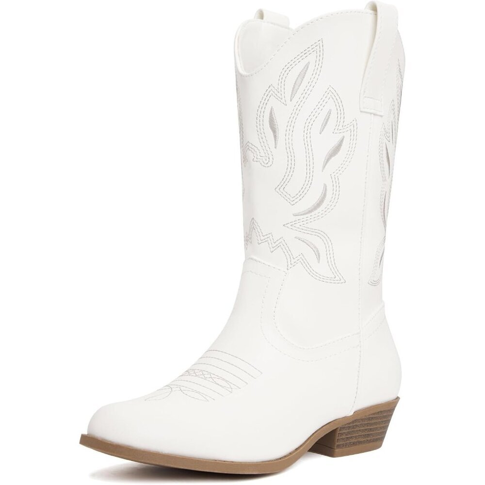 ⚡Kid White Polyurethane Cowboy Pointed Toe Mid-Calf Embroidered Side Zipper Boot - Picture 1 of 6